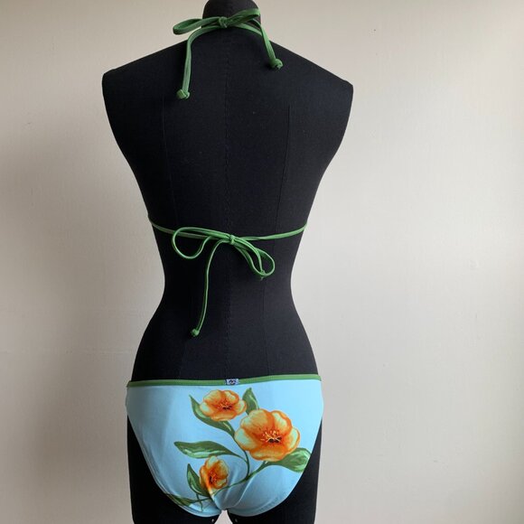 Billabong BLUE CRUSH era Vintage Blue & green floral triangle set RARE - Picture 2 of 7